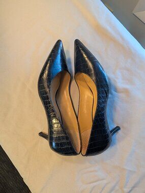 Talbots Erica Black Leather Croc Embossed Kitten Pointed Toe Shoe Pumps Size 8.5